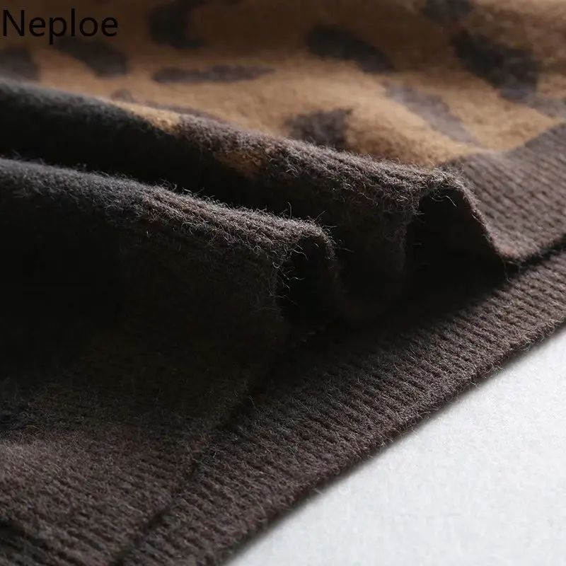 Neploe, пуловер с круглым вырезом, свитер для женщин, свободный, Леопардовый узор, пэчворк, Pull Femme, контрастный цвет, вязаный джемпер, Sueter, зима 48050