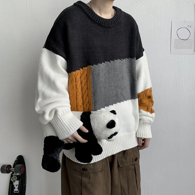 

Black Men's Sweaters Large Size Vintage Sweater Men Korean Fashion Clothing Spliced Autumn Winter Warm Man Pullovers Crewneck