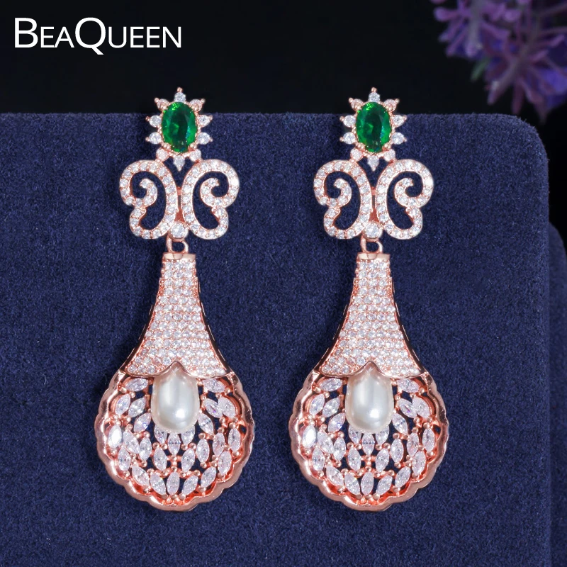 

BeaQueen Vintage Cubic Zirconia and Pearl Paved Setting Long Dangling Earrings Rose Gold Color Luxury Jewelry for Women E320