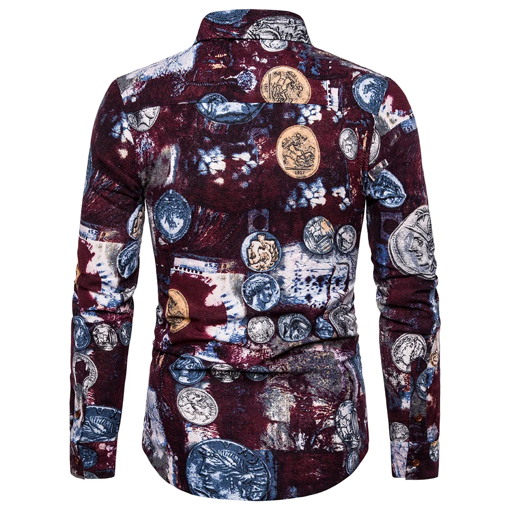Весна и осень узор квадратный вырез культивировать себя Мода Лист Печать МОЛОДЕЖНЫЙ мужской стиль рубашка с длинными рукавами Мужская рубашка