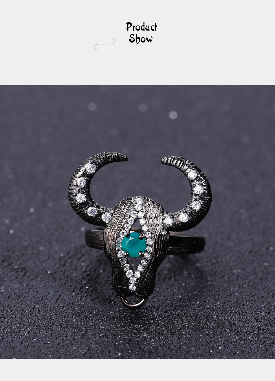 GEM'S балетные 925 пробы, серебряные кольца ручной работы с головой быка, натуральный зеленый агат, регулируемое кольцо для женщин, драгоценный камень, хорошее ювелирное изделие