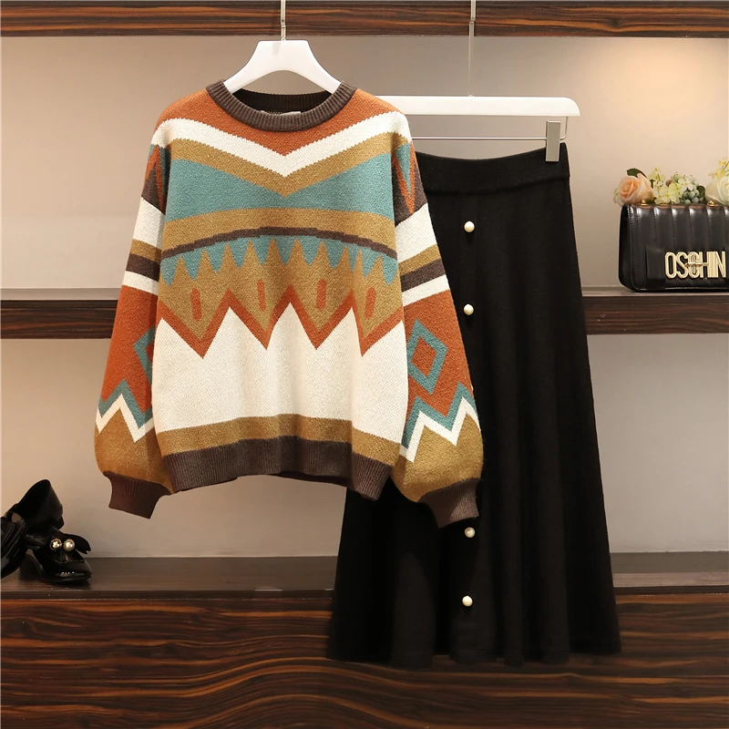 

Autumn Winter Women's Knitting 2 Piece Set New Female Loose Color Collision Sweater Pullover+Knitting Half Body Skirt Set
