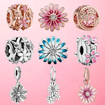 

925 Sterling Silver Sparkling Sparkling Daisy Flower Charm Bead Fit Original Pamura Bracelet Bangle For Women Jewelry Gift