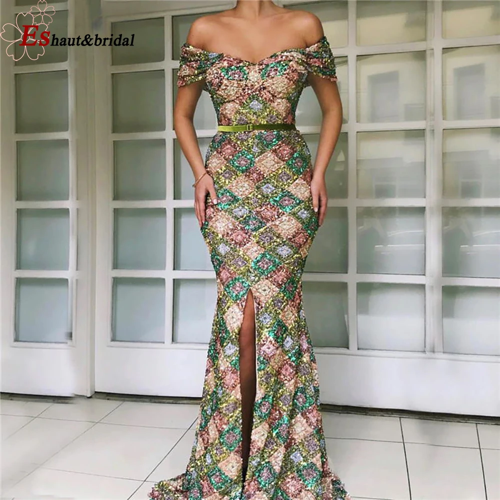 2020 Dubai Long Sequins Mermaid Front Slit Evening Dress off shoulder Sexy Prom Dresses | Свадьбы и торжества