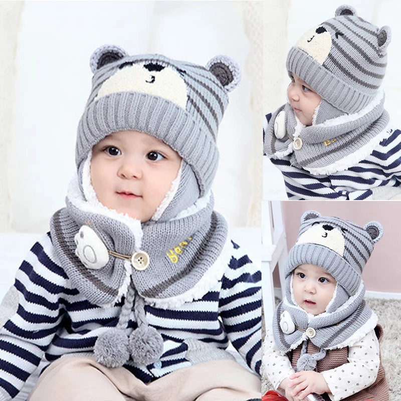 Loozykit 2 pcs Warm Hat Suit Baby Boy Girls Thermal Knitted Cartoon Bear Hat Scarf Toddler Winter Fleece Cap Set