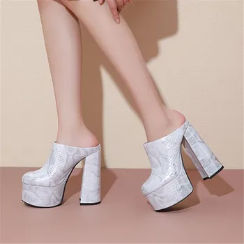 

PXELENA Punk Gothic Thick Platform Summer Slippers Women Genuine Leather Chunky Block High Heels Nightclub Party Catwalk Slides