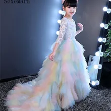 Радужные тюлевые платья с аппликацией и шлейфом для девочек; платья принцессы; нарядные платья для девочек; размер на заказ