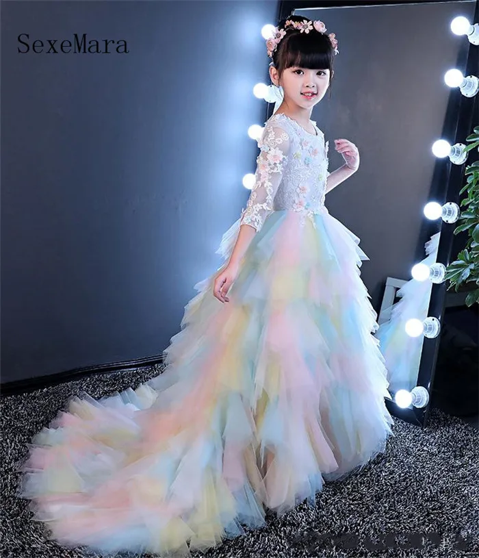 Regenboog Tulle Trein Applique Bloem Meisje Jurken Prinses Jurken Meisjes Pageant Jurken Custom Made Grootte Regenboog Tulle Trein Applique Bloem Meisje Jurken Prinses Jurken Meisjes Pageant Jurken Custom Made Grootte