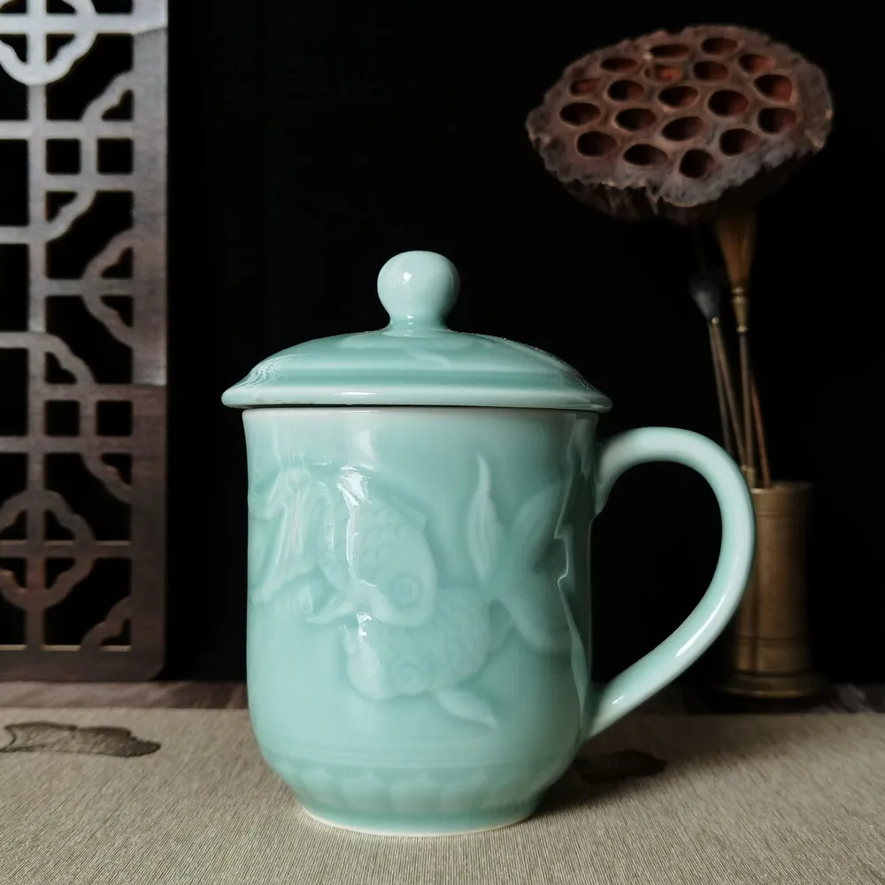 

Coffee Mugs Teacups with Lid 13.5oz Porcelain Milk Cup Embossed with Fish Ceramic Chinese Celadons Microwave and Dishwasher Safe