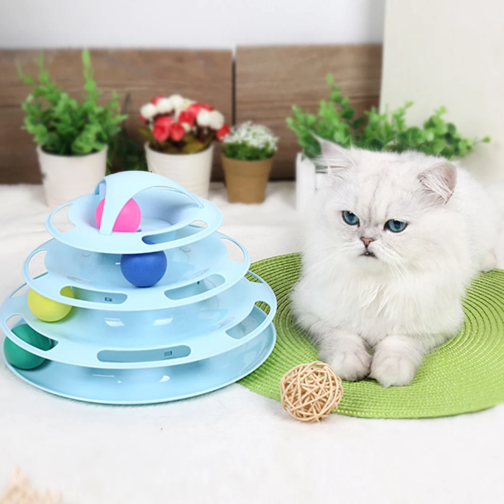 Игрушка для кошек товары для домашних животных Интерактивная настольная игрушка для кошек четырехслойная Поворотная платформа для кошек белый - Цвет: Синий