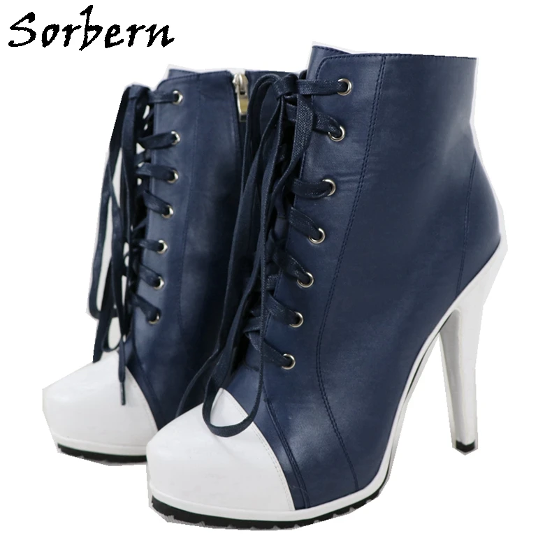 Sorbern Navy Blue Sneaker High Heel Lace Up Ankle Boots For Women Platform  Shoes White Booties Stilettos Round Toe Size 42