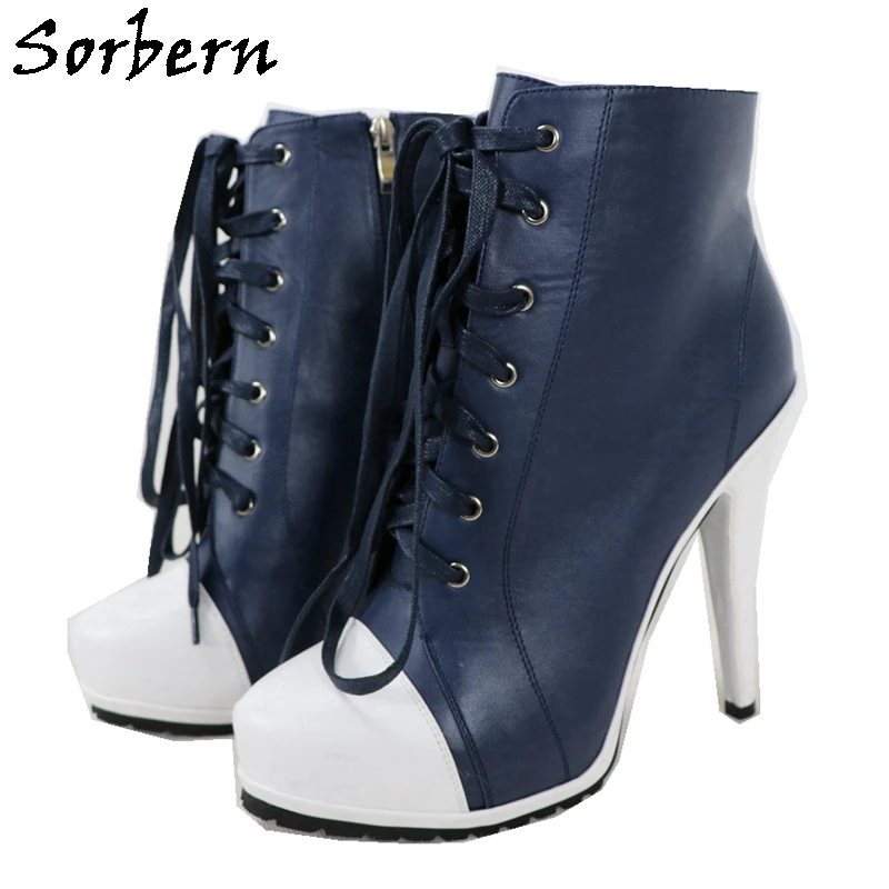 Sorbern 네이비 블루 스니커즈 하이힐 레이스 업 앵클 부츠 여성용 플랫폼 신발 화이트 부츠 Stilettos Round Toe Size 42