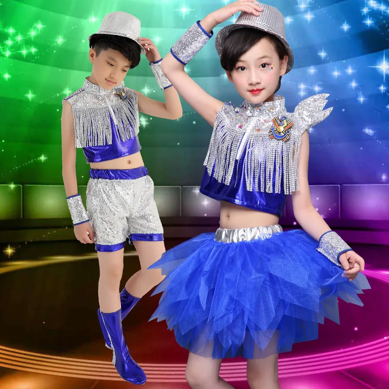 Kids jazz Dance Costumes For Kids Blue Modern Dance Costumes Hip Hop Costume For Kids Cirls Sequins Tassels Stage Costume  (4)