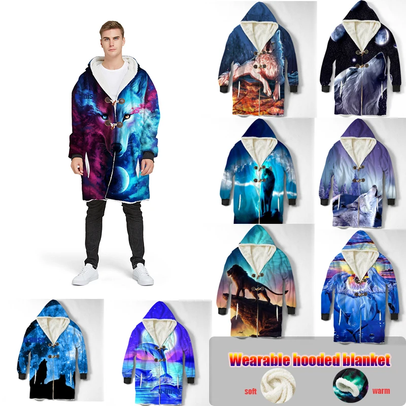 

Wearable Animal Print Wolf Blanket for Men's Warm Outdoor Sports Pullover Throw Blanket with Sleeve Super Boyfriend Blankets