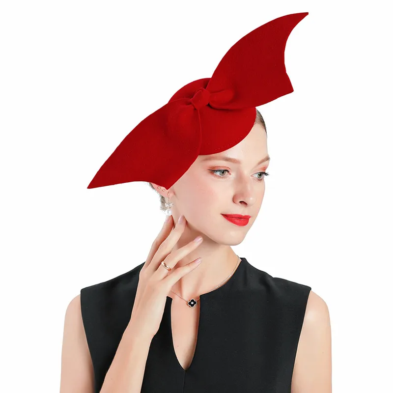 Вуалетки шляпа-таблетка с красной бабочкой с клип100% австралийская шерсть фетровые Свадебные шапки женские винтажные Коктейльные бейсболка с меховым помпоном - Цвет: Красный