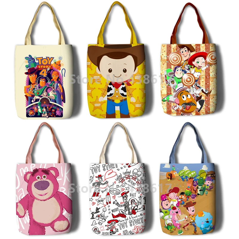 

New Toy Story Woody Buzz Lightyear Lotso Bear Girls Women Canvas Shoulder Bags Large Handbag Cartoon School Book Shopping Bag