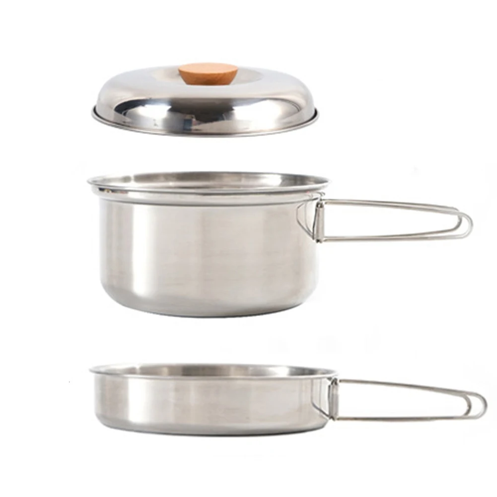 Stainless Steel Picnic Lightweight Outdoor Camping Pot Pan Easy Clean Cookware Durable Cooking Set Hiking With Folding Handle
