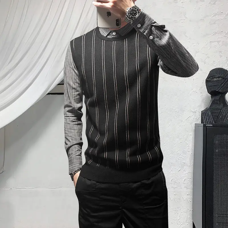 

Men's shirts 2020 Autumn new slim solid color fake two long-sleeve shirts loose casual personality youth men's wear