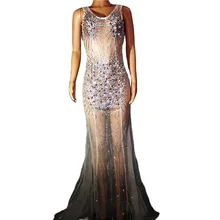 

Shining Rhinestones Women Net Yarn Perspective Dresses Backless Voile Mermaid Long Dresses Nightclub Singer Dance Stage Wear