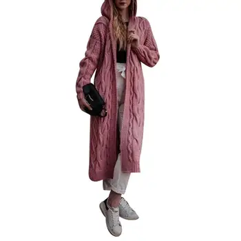 

Women Autumn Solid Color Hooded Long Twist Knit Cardigan Sweater Outwear Coat Women Cardigans Sweater Solid Loose Coat