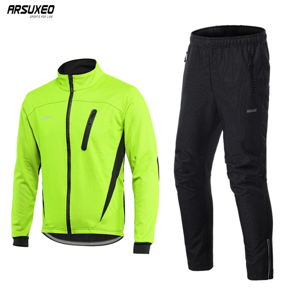

ARSUXEO Men Winter Cycling Jacket Set Windproof Waterproof Thermal Sportswear Bicycle Pants Trousers Bike Suits Clothing 16HH