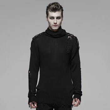 

PUNK RAVE Men's Uniform Sweater Splicing Woven High Collar Retro Metal Buckle Personality Tattered Winter Sweater
