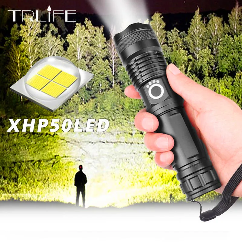 Linterna led Ultra brillante USB con zoom XHP50 18650 o 26650 batería recargable
