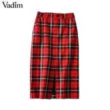 Vadim Женская стильная красная клетчатая юбка миди с карманами на молнии прямая стильная клетчатая женская повседневная юбка до середины икры BA878