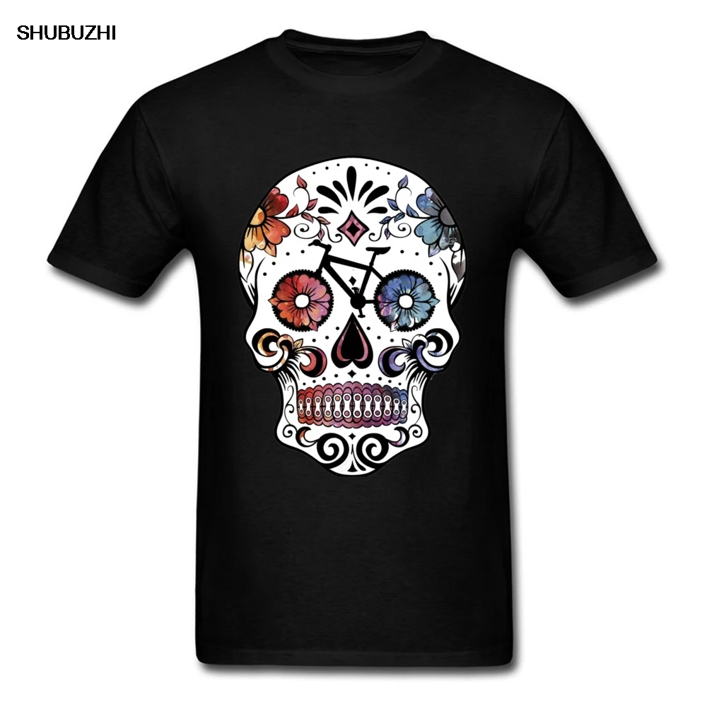 Flower Sugar Skull Watercolor T Shirt Cycle Biker Mexico Tshirts 100% Cotton Men T-shirts 3D Printed Faddish Geek T-Shirt | Мужская
