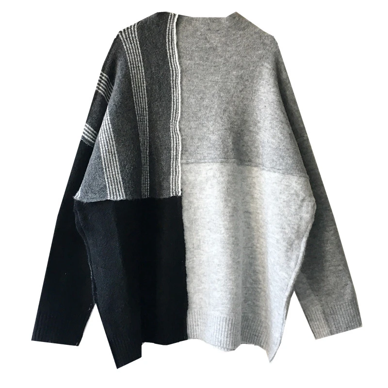 

SeeBeautiful Stitching Large Size Knitted Sweater O Neck Long Sleeve Contrast Color New Fashion 2020 Autumn Winter Women M345