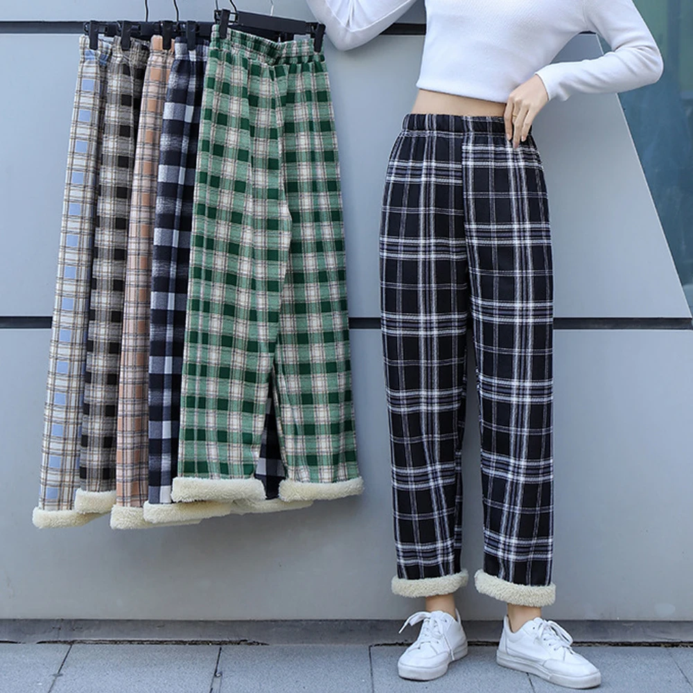 

Checkered Pants Plaid Pants Women 2021 Autumn and Winter Wide-leg Pants High-waist Straight-leg Student Casual Trousers Thick