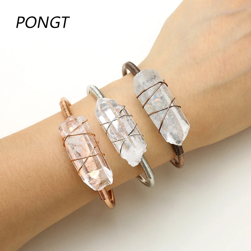 

Natural Stone Hand Wire Open Cuff Bracelet & Bangles Vintage Irregular Quartz White crystal Charms Bracelet Party Jewelry