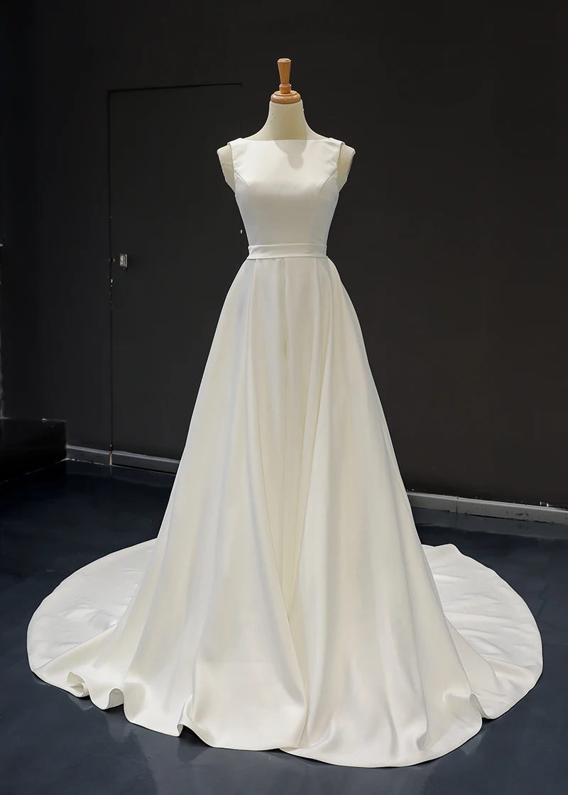 66835 a-line o neck RSM66837 атласные свадебные платья boho без рукавов на тонких бретелях ТРАПЕЦИЕВИДНОЕ свадебное платье со шлейфом vestido de noiva sereia - Цвет: 66835 a-line o neck
