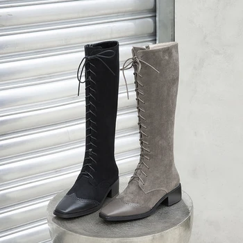 

Female Women knee high Boots Genuine Leather Warm Boots Party Casual 4cm med heels Shoes Woman Boots