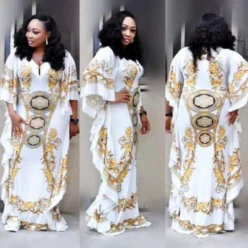 

2020 Floral African Print Dashiki Party Dress Autumn Winter Long Flare Sleeved Dress New Fashion Women Clothing Bazin Vestidos