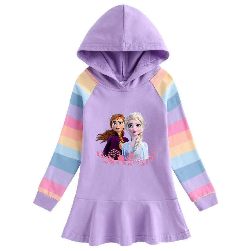 

Height 80-140cm Cartoon Child Girl Dress Frozen Elsa Anna Printed Children Rainbow Long Sleeve Hooded Princess Ruffle Dress