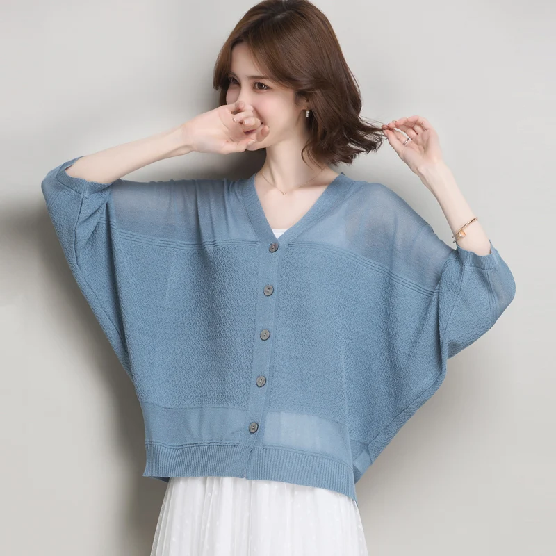 

Women Loose Knit Coat Outwear Summer Batwing Sleeve Knit Cardigan Elegant Female Thin Knitwear V-Neck
