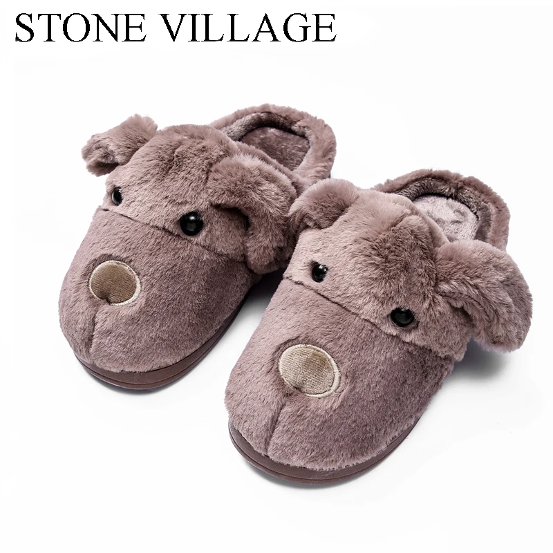 

STONE VILLAGE Winter Slippers Women Cartoon Cute Dog Funny Home Slipper Shoes Plush Warm Indoor Floor Shoes Women Size 36-41