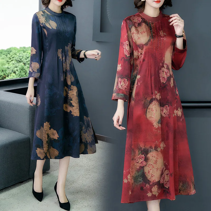

Mulberry Silk Autumn Clothing Pearl Forging Silk Dress WOMEN'S Dress Mid-length New Style Spring And Autumn Long Sleeve Printed
