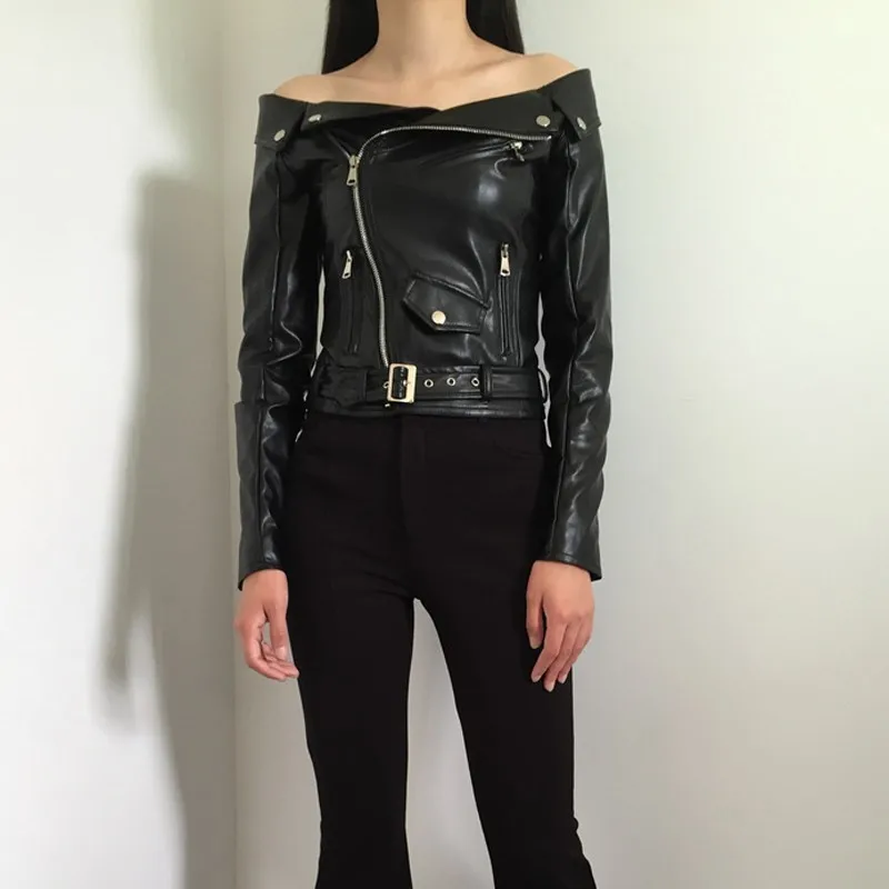 

Gothic Black Motorcycle Jackets Zippers 2019 Spring Women Faux Leather Jacket Off The Shoulder Short Goth Female PU Coat PP019
