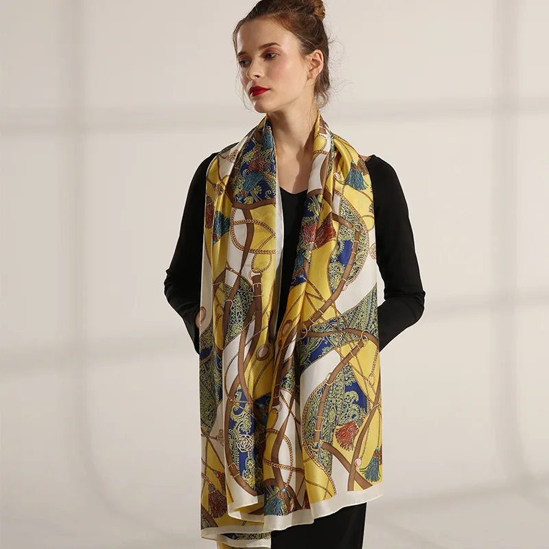 

Summer New Style Beach Towel Korean-style Printed Shawl Women's Chain Bordered Design Silk Scarves Women's Travel Decoration WOM