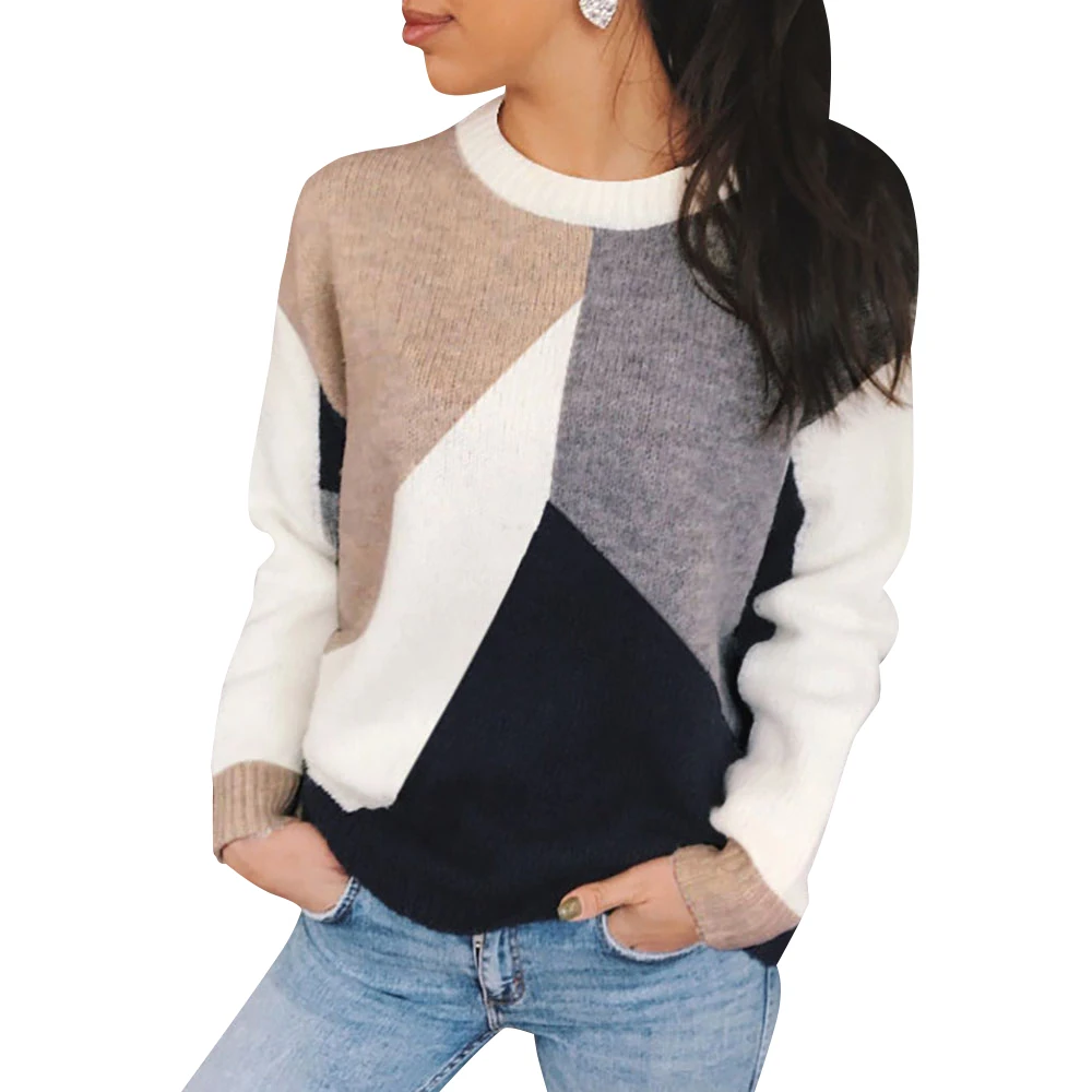 

Women Stitching Multi color Pullovers Winter O-Neck Knitted Sweater Women Long sleeve Warm pull femme Elegant Pullovers Top D30