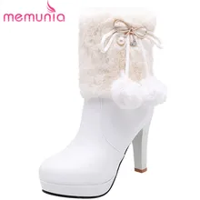MEMUNIA/ г. Новые зимние сапоги женская обувь на платформе с высоким каблуком и бантом вечерние свадебные туфли на толстом меху женские ботильоны