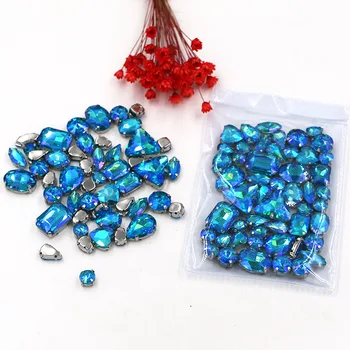 

Free shipping 50pcs/bag mixed shape crystal glass rhinestones Lake Blue AB faltback sew on rhinestones diy clothing accessories