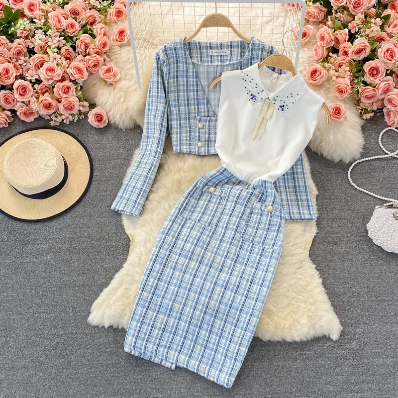 New Runway Tweed Two 2 Piece Set Retro Plaid Short Basic Jackets Coat + Long Pearl Diamond Patchwork Dress Two-piece Suits Women |