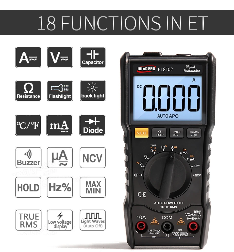 WinAPEX ET8102 Цифровой мультиметр True RMS 6000 отсчетов фонарик цифровой вольтметр 1000V 10A переменного тока/постоянного тока Амперметр Карманный мультиметр