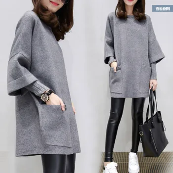 

Free Shipping Women Sweater Large Size Wear Loose Stitching Long Sleeve Coat Autumn and Winter Pure Colour Round Neckwear Top