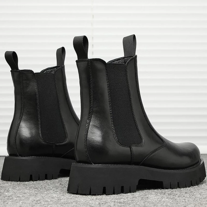 Winter Men Chelsea Rubber Boot Invisible Heel Lifted Boots Leather Platform Boots Height Increasing