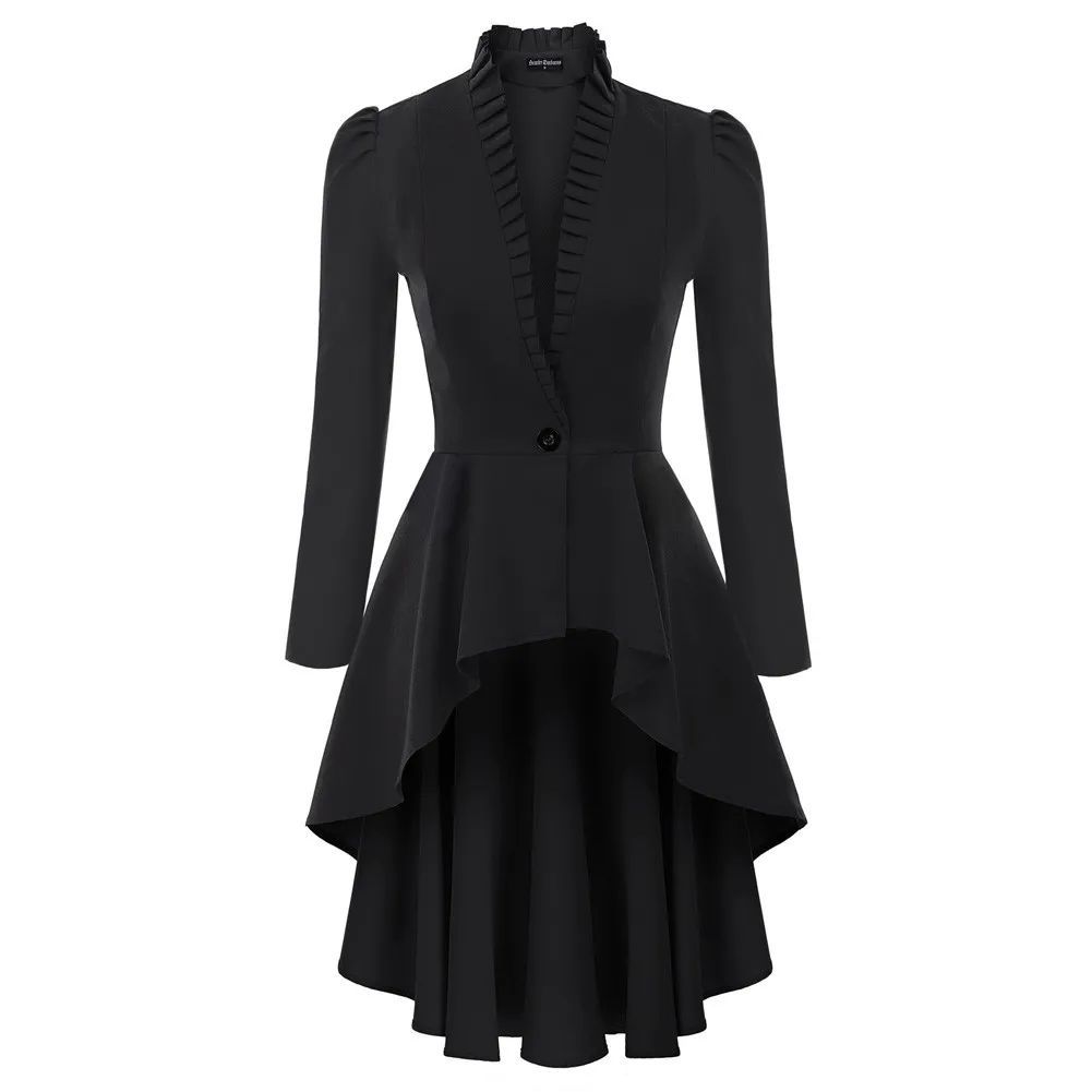 

SD Women High-Lo Hem Coat Steampunk Long Puff Sleeve Jacket Stand Collar V-Neck Dress Solid Vintage Elegance Ladies Overcoat