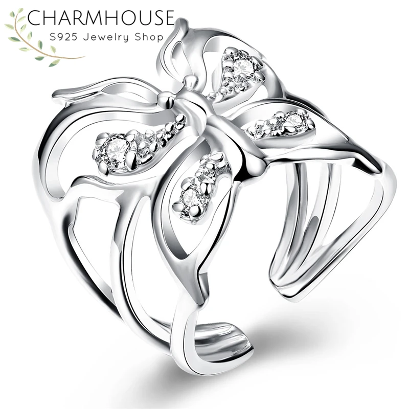 Charmhouse Стерлинговое 925 серебряных колец для женщин бабочка открытое кольцо с цирконом обручальное модное Ювелирное Украшение Bague украшения anillo